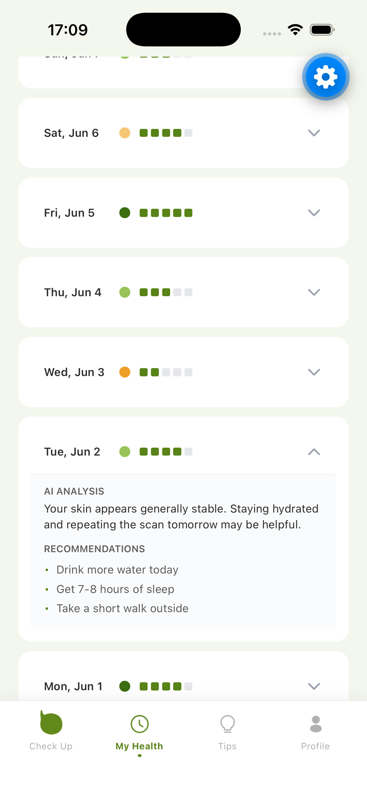 CheckApp My Health screen showing hydration analysis and drink-more-water recommendation
